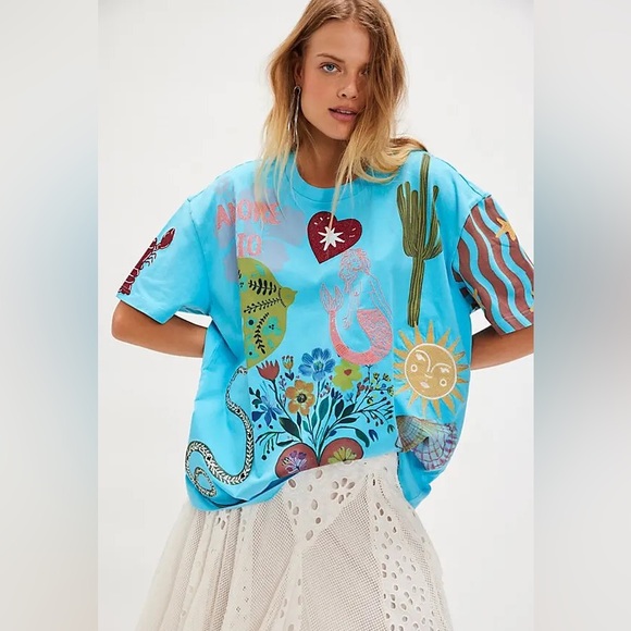 Free People Tops - 🔥SOLD🔥Free People x Denim & Bone Amore Mio Graphic Tee - Pool Blue NWT SIZE L